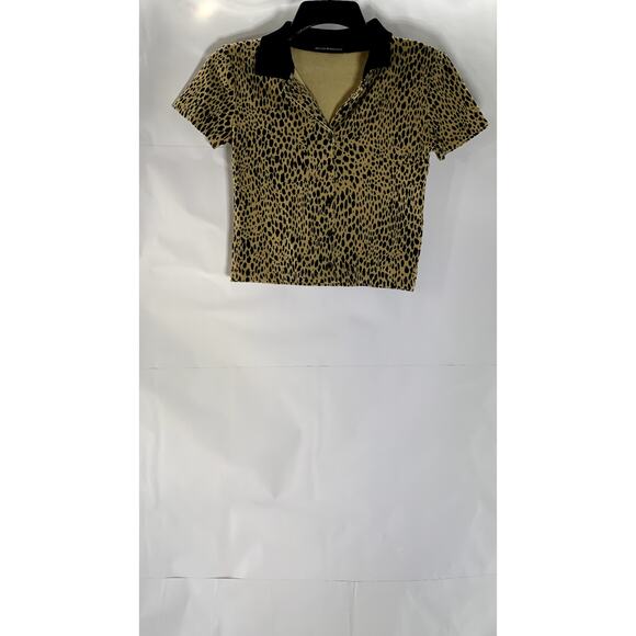 BRANDY MELVILLE Women's Tan-Black Animal Print Button-Up Cropped Top SZ OS - Picture 1 of 9